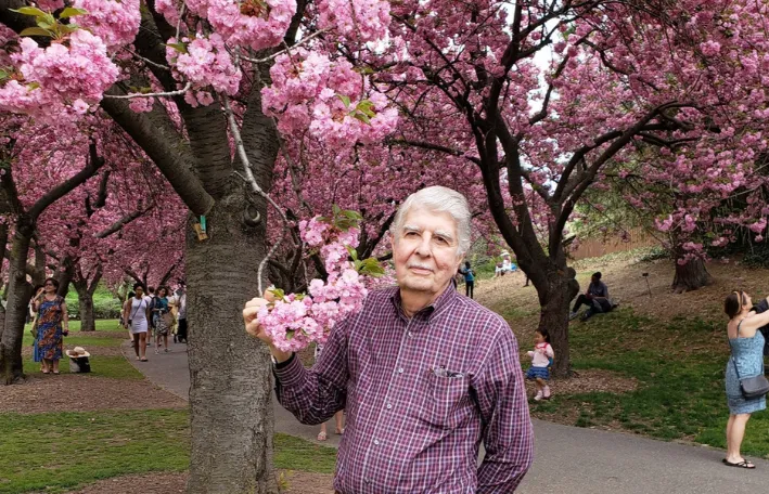 Alex Tzagaloff among cherry blossom flowers