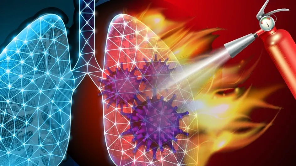 An illustration of ferroptosis in the lungs of a COVID-19 patient. (Credit: Nicoletta Barolini)