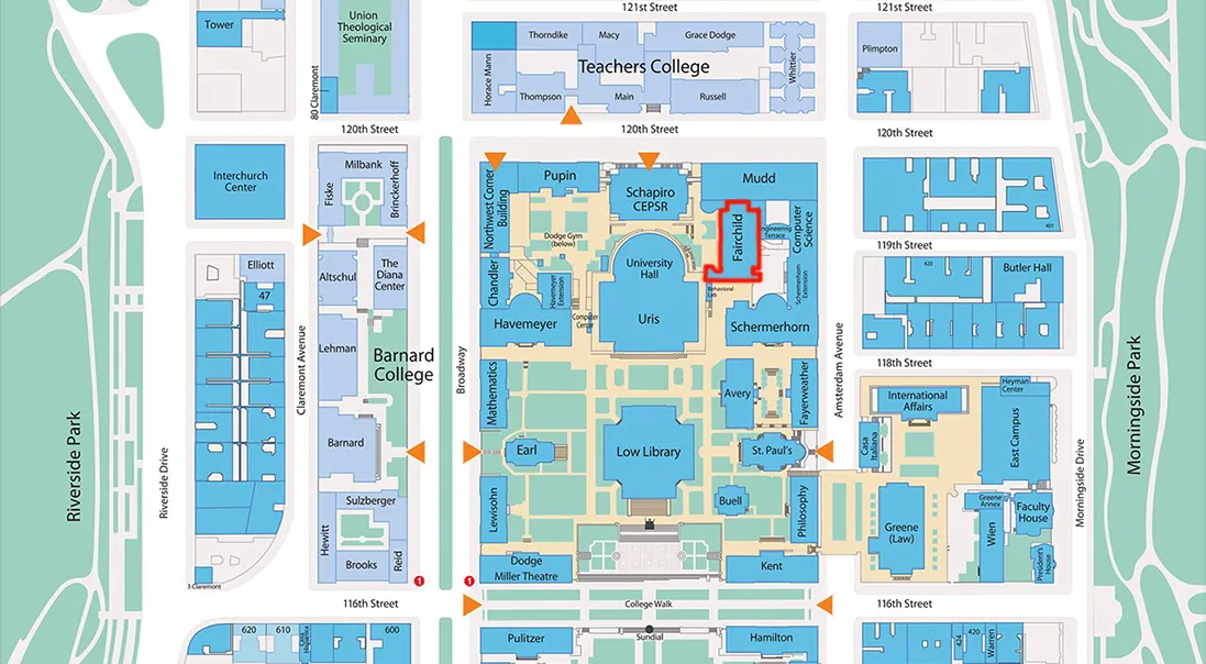 The Columbia University Campus Map is pictured with the Sherman Fairchild building highlighted in red. 