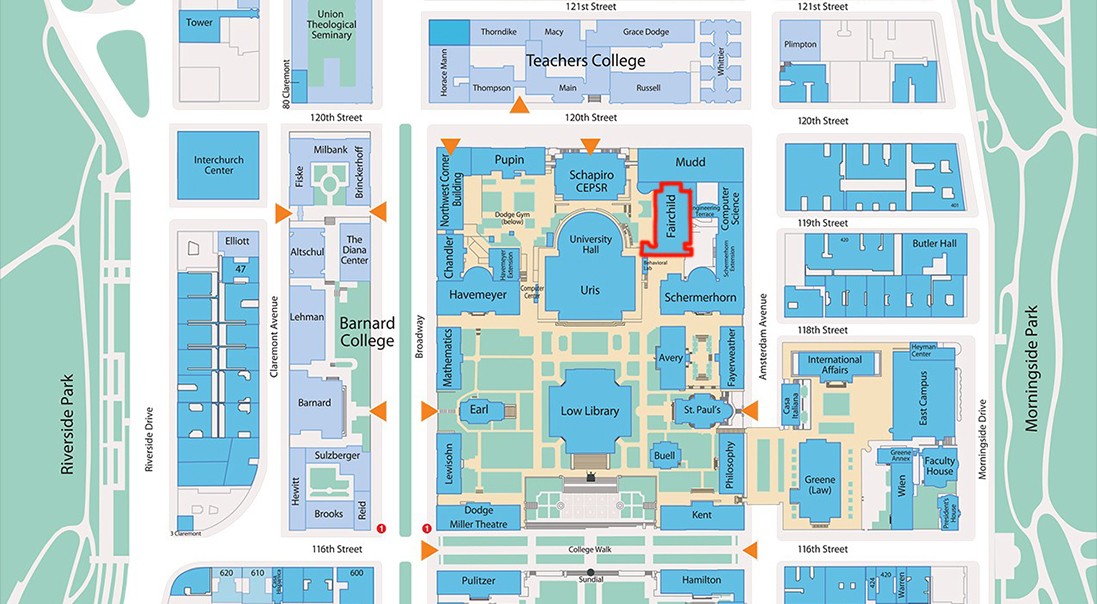 The Columbia University Campus Map is pictured with the Sherman Fairchild building highlighted in red. 